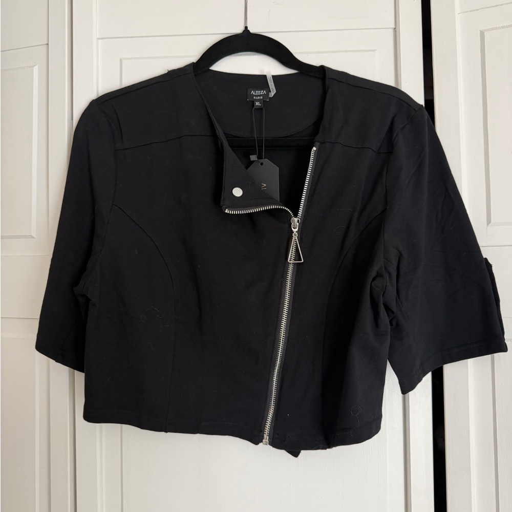 Aleza Black Cropped Asymmetric Zip Blazer